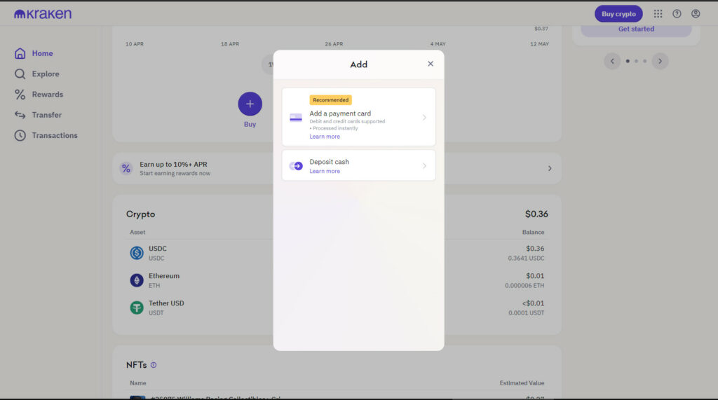 רכישת ביטקוין באשראי דרך בורסת קראקן. צילום מסך